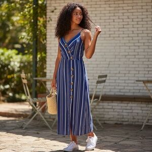 Chic Blue Striped Maxi Dress with Button Detail